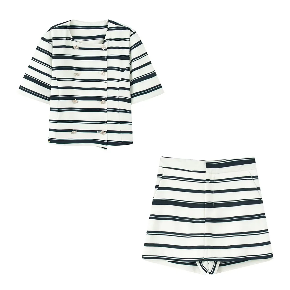 

UNIZERA women's short-sleeved round neck striped leisure suit top skirt pants spring and summer new women's clothing