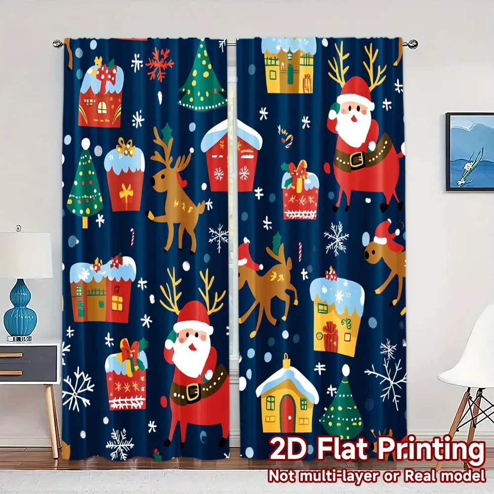 2pcs,Curtains Cute Christmas Santa Reindeer Sleigh (3) Popular Creative Curtains Fabric Curtains Decorations For Home Ldeal for