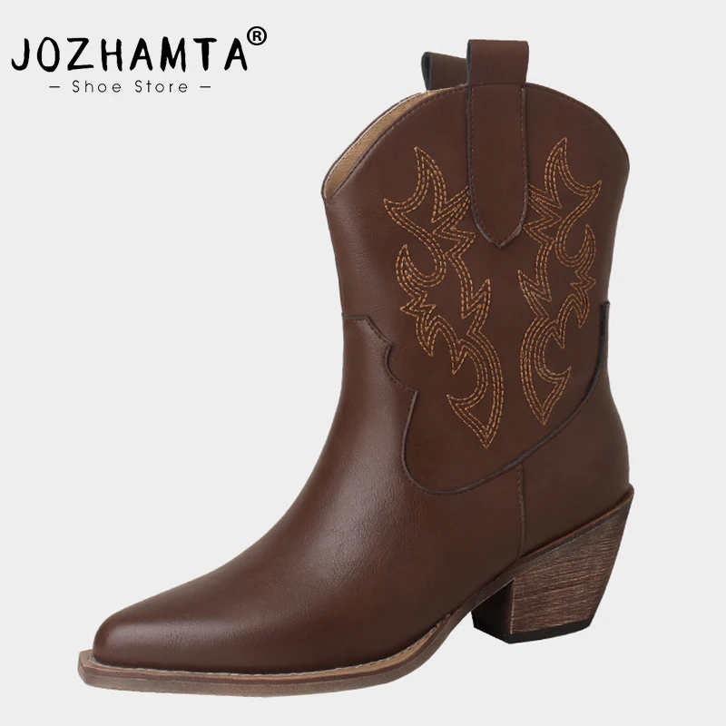 

JOZHAMTA Size 34-43 Western Cowboy Boots Women Genuine Leather Thick High Heels Shoes Winter 2023 Embroidered Cowgirl Ankle Boot