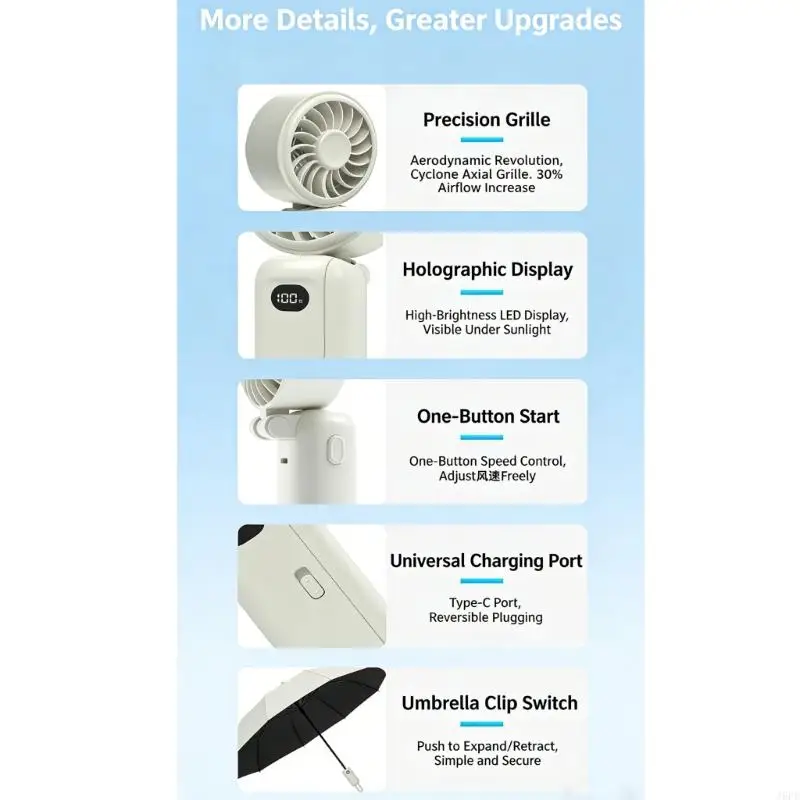 

J6PE Multipurpose Portable Fan with Umbrella Mount USB Powered 3 Wind Level Small Folding Cooling Fan for Outdoor Activity
