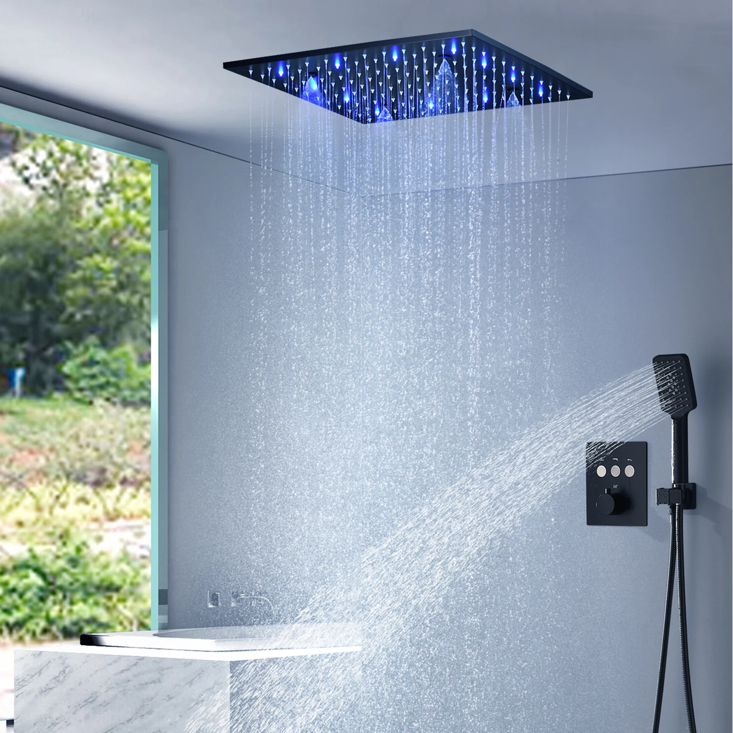 

hm High Quality Ceiling black LED Shower System Set Massage Rainfall Shower Head Panel Button Mixer Switch Thermostatic Faucets