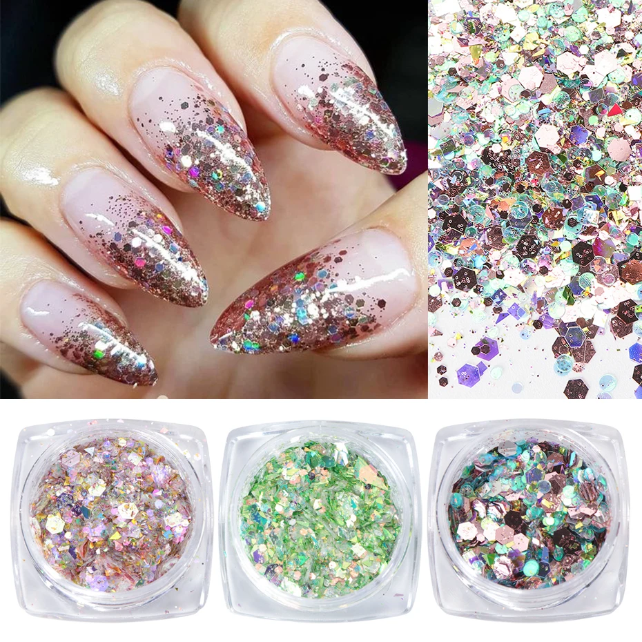 Conjunto de pó glitter para nail art, holográfico, brilhante, gel polonês, 3d, lantejoulas para manicure, ferramentas de decoração, 12 peças