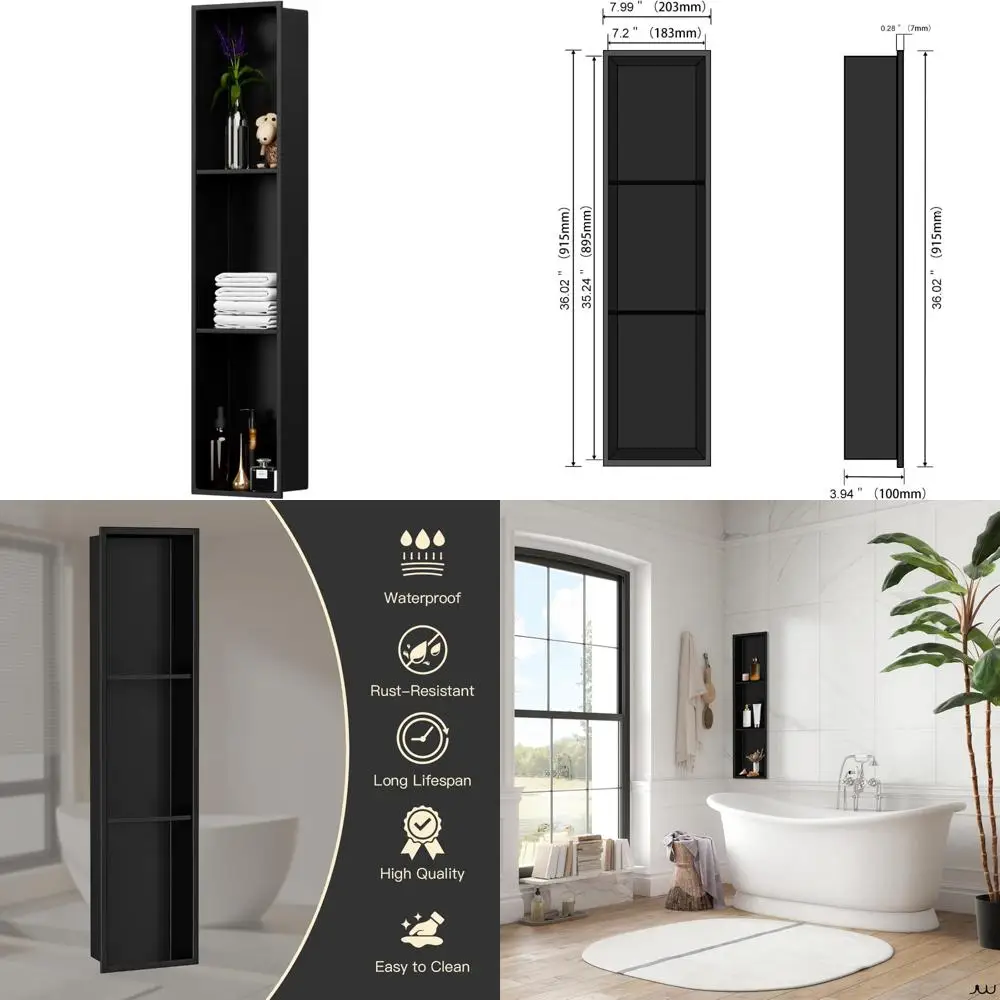 

Stainless Steel 36x8 Shower Niche with 3-Tier Recessed Shelves, Tile-Ready for Bathroom Wall Installation