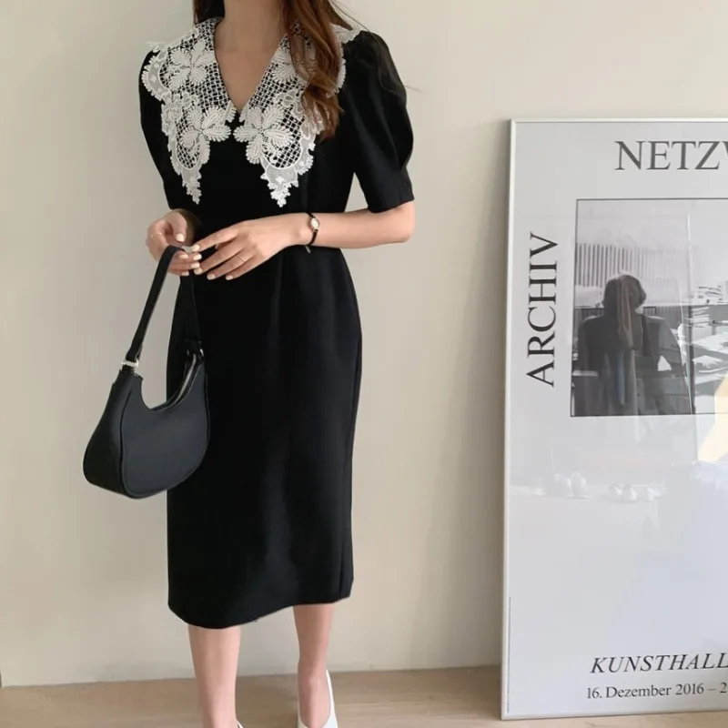 Neploe Vintage Embroidery Lapel Neck Dresses Slim Waist Mid-length Dress for Women Spring New Puff Sleeve Vestidos Mujer