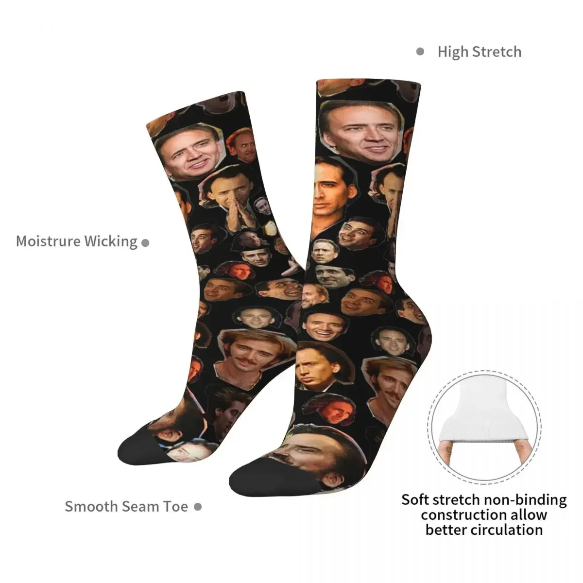 Nicholas Cage Faces Pattern Socks Harajuku Sweat Absorbing Stockings All Season Long Socks for Man's Woman's Birthday Present