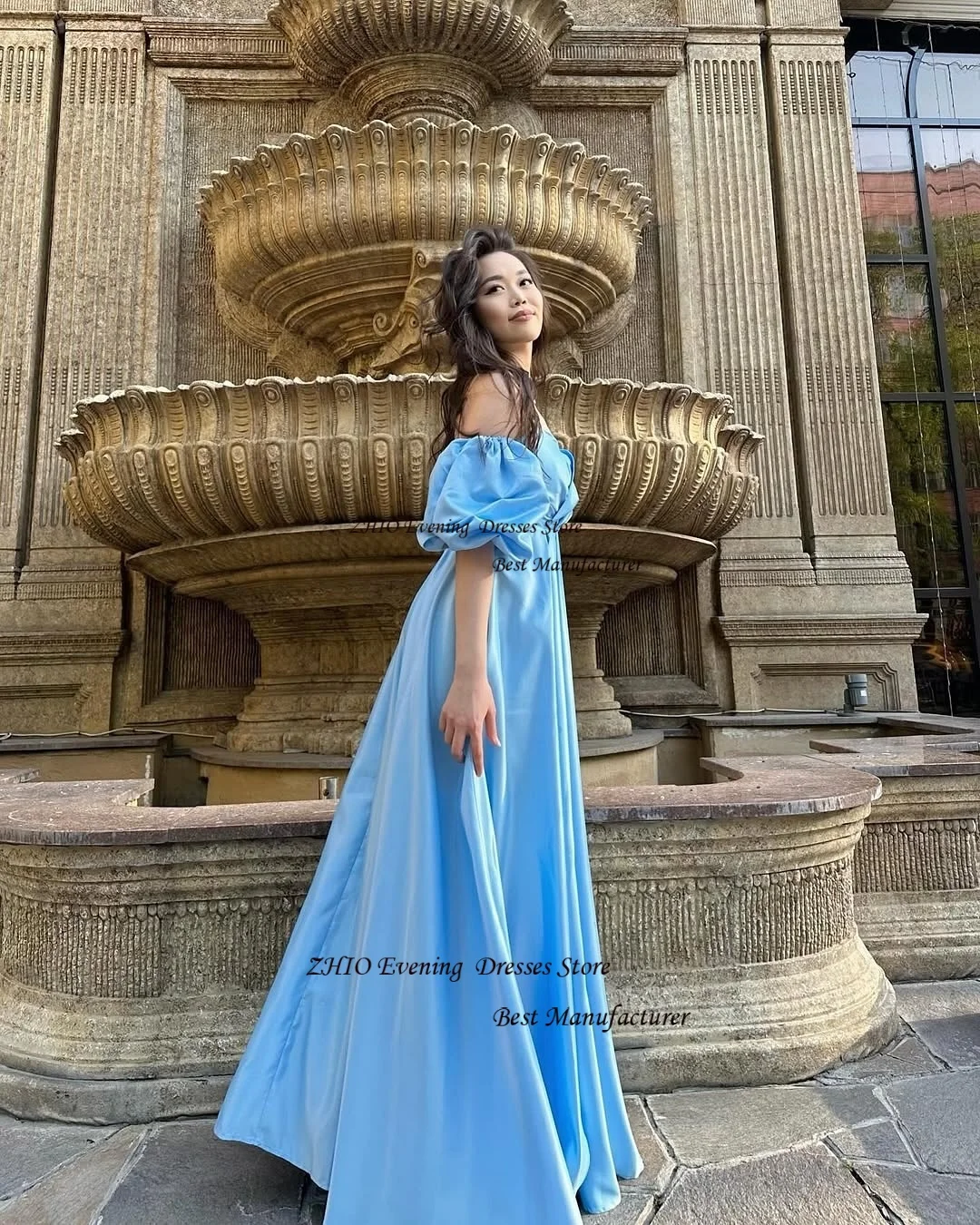 ZHIO Elegant Blue Shiny Satin Evening Gown Off Shoulder Sweetheart A Line Dress Pleated Corset Back Prom Gown Customized