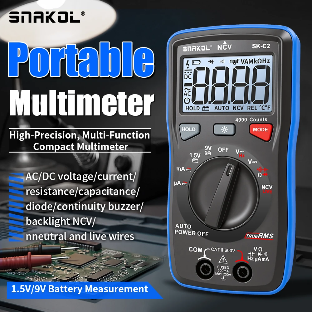 

SNAKOL SK-C2 Digital Multimeter 4000 Counts True RMS Auto Range NCV AC/DC Voltage Current Capacitance Tester with Backlight