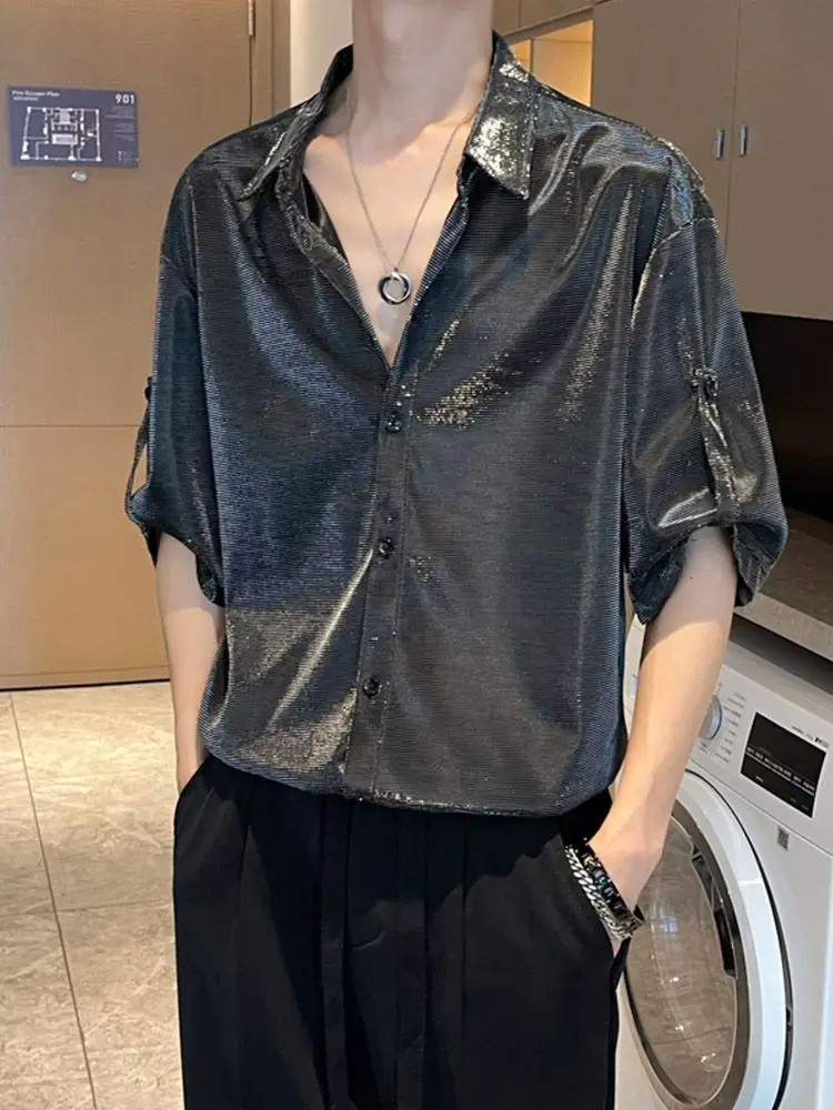 Luxury Trend Summer New Shirts for Men High-end Liquid Metal Reflective Shiny Shirt Streetwear Hip Hop Performance Shirts Tops