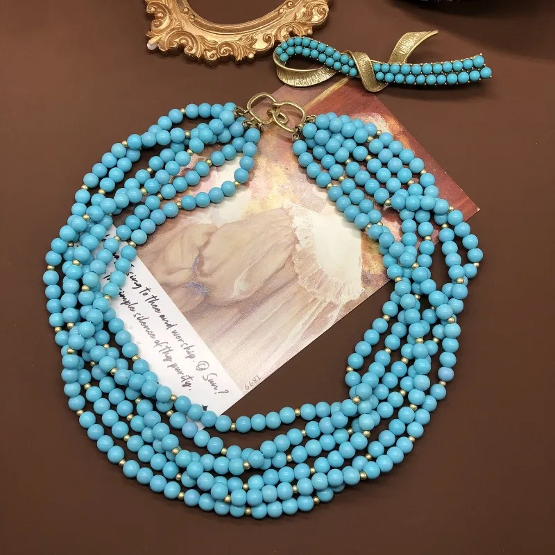 

Medieval Fashion Retro Necklace Light Luxury Turquoise Beaded Multi-layer Bohemian Necklace Brooch Jewelry Set