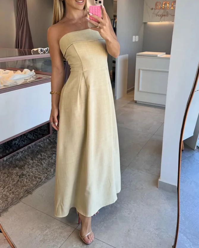 

Solid Color Sleeveless Flared Skirt, Sexy Waistline, Midi Skirt, Elegant Summer Temperament for Women, A-Line Strapless Dress