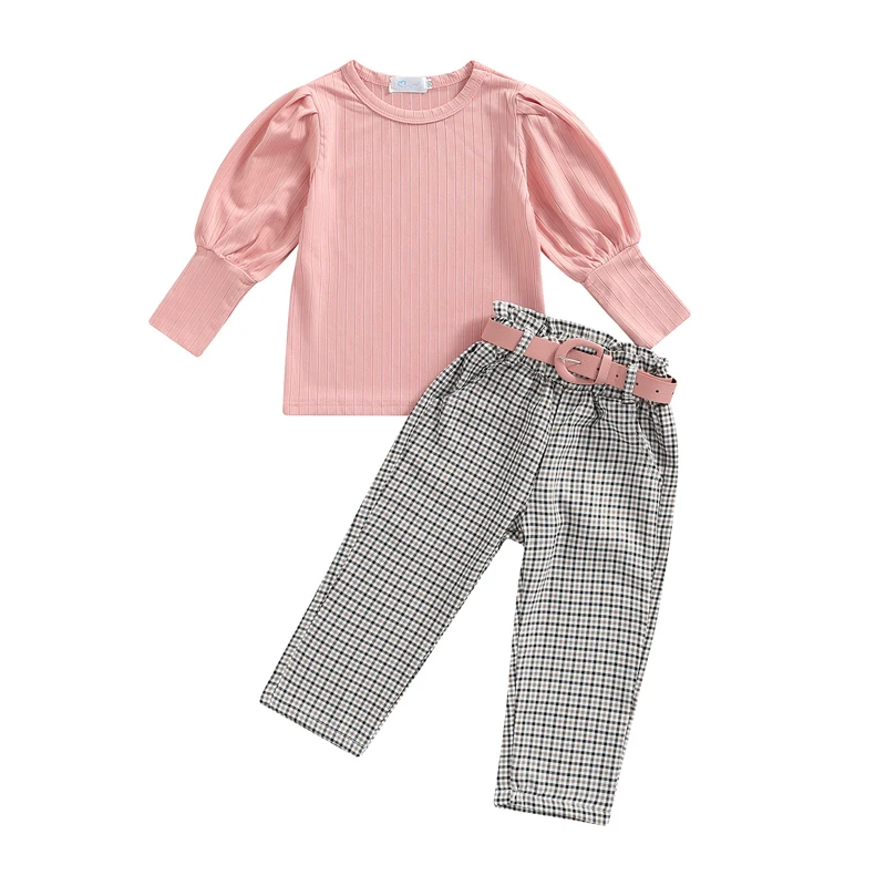 Toddler Kids Girls 3 Pieces Outfits Solid Color Ribbed Round Neck Long Sleeve Tops Plaid Long Pants Belt Set