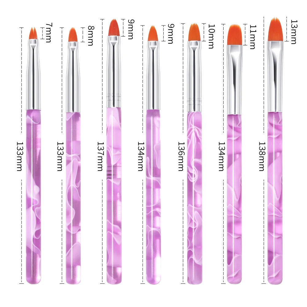 Set di pennelli per nail art fai da te da 7 pezzi - Manico acrilico trasparente viola Pennelli per intaglio e pittura floreale per disegni di unghie in gel/acrilico
