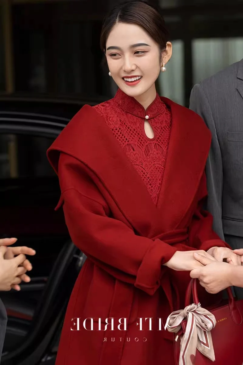 Ele manteau en laine Double face col bleu marine mariage Dr pour ort femmes automne hiver rouge vêtements d'extérieur dame coupe droite