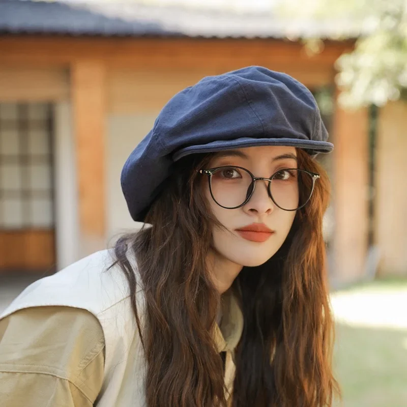 2023Japanese Simple Washed Cotton Solid Color Beret Women Spring and Summer Retro Literary Painter Newsboy Cloud Cap Gorras