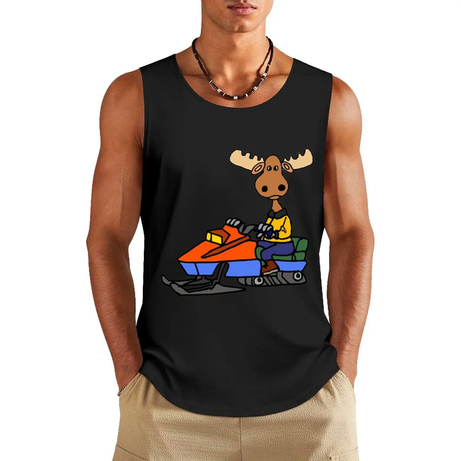

Funny Moose Riding Snowmobile Cartoon Tank Top cool things Men's sleeveless t-shirt Sleeveless top Short sleeve