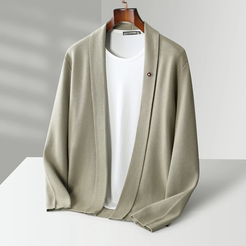 Autumn and winter new men\'s olive collar solid color 100% pure wool long sleeve casual knitting sweater loose cashmere coat.