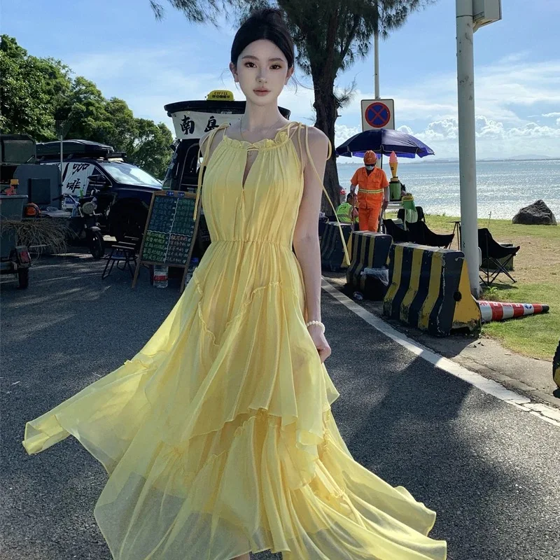 Senhoras mulheres verão vestidos longos amarelo na moda tropical doce boêmio vestido feminino cordão bolo camadas cintura praia vestidos