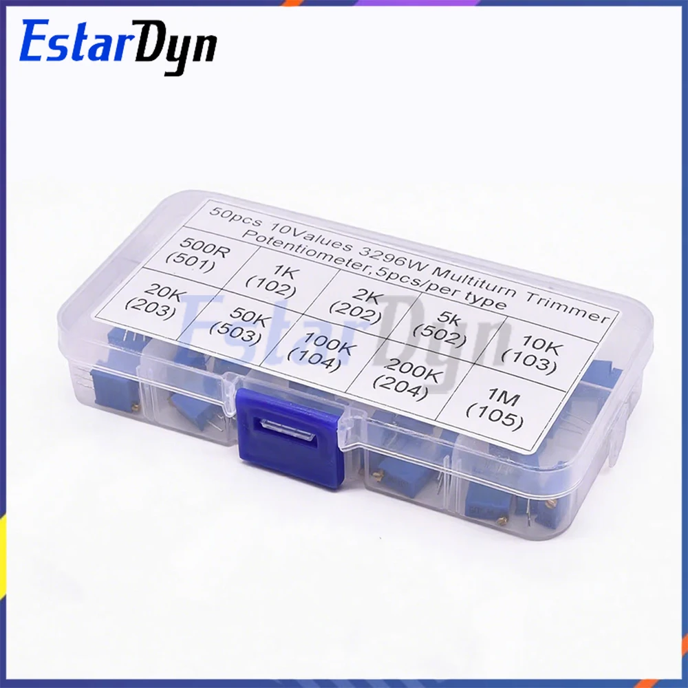 

3296W Trimmer Potentiometer Assortment Kit 50Pcs 10 Values 1K to 100K Ohm Multiturn Precision Variable Resistor