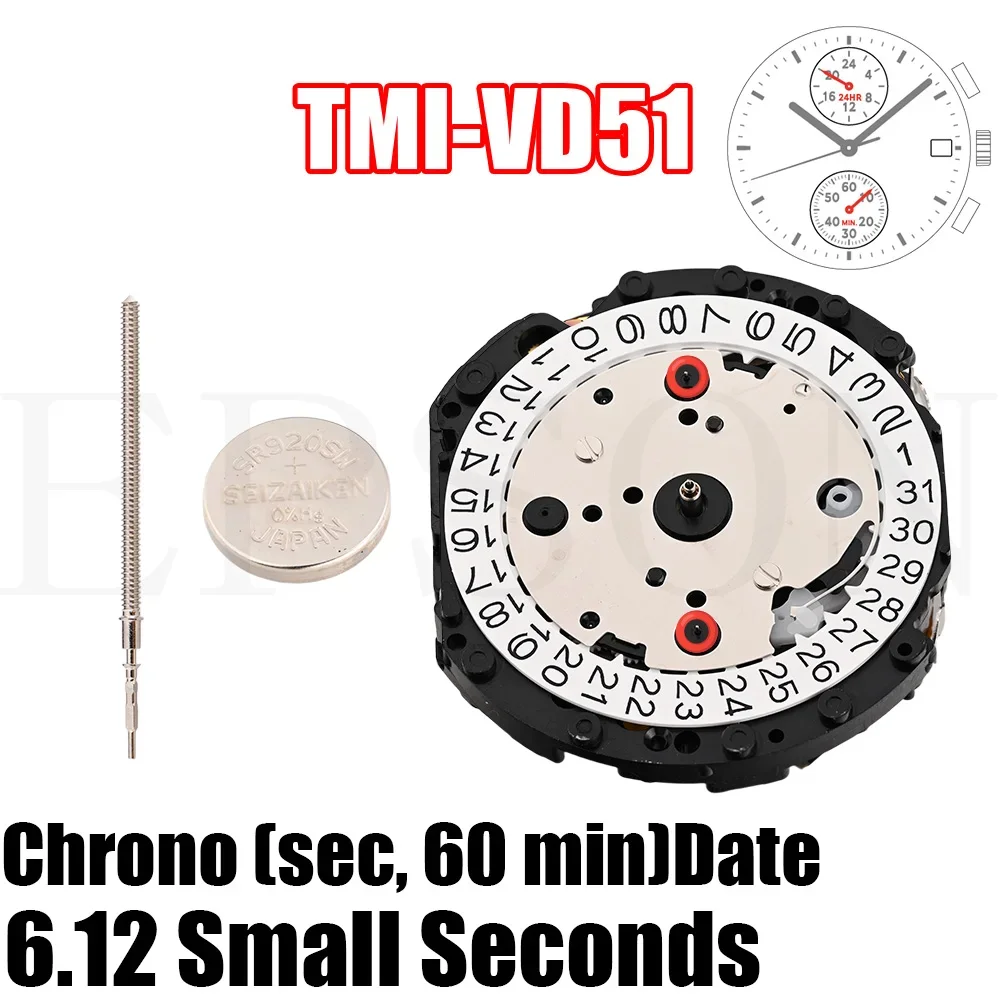 VD51 Movement TMI VD51-3 Movement Size: 12 ¾‴ Height: 4.57mm 5 hands Chrono (sec, 60 min) Date 6,12 Small Seconds