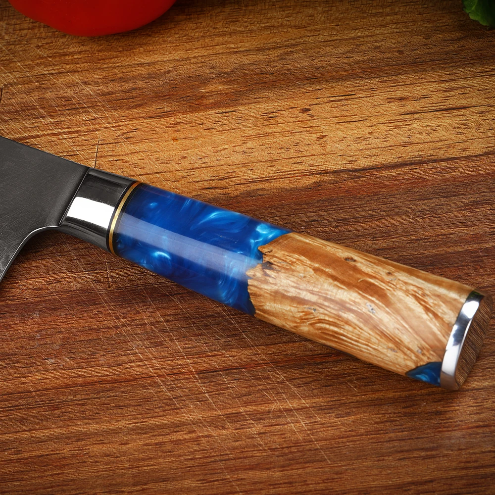 WAK Kitchen Set Damascus Steel Chef Knife Cleaver Bread Paring Blue Resin and Pakka Wood Handle