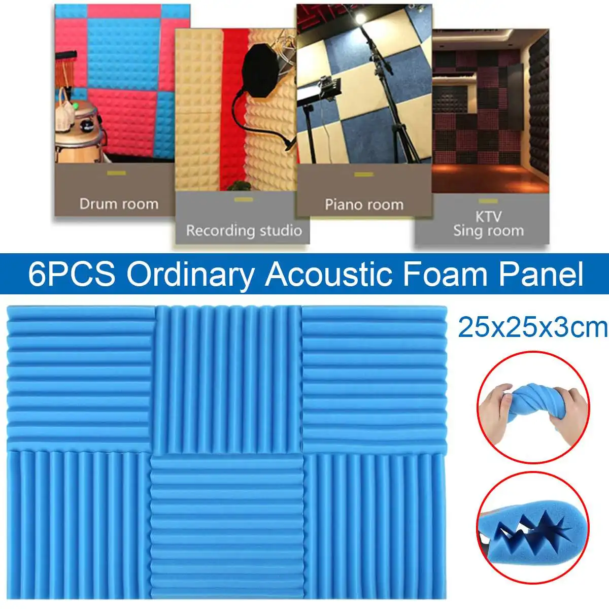 25x25x3cm 6pcs painéis de espuma acústica estúdio cunha telhas à prova de som almofada de parede isolamento acústico absorvendo tratamento
