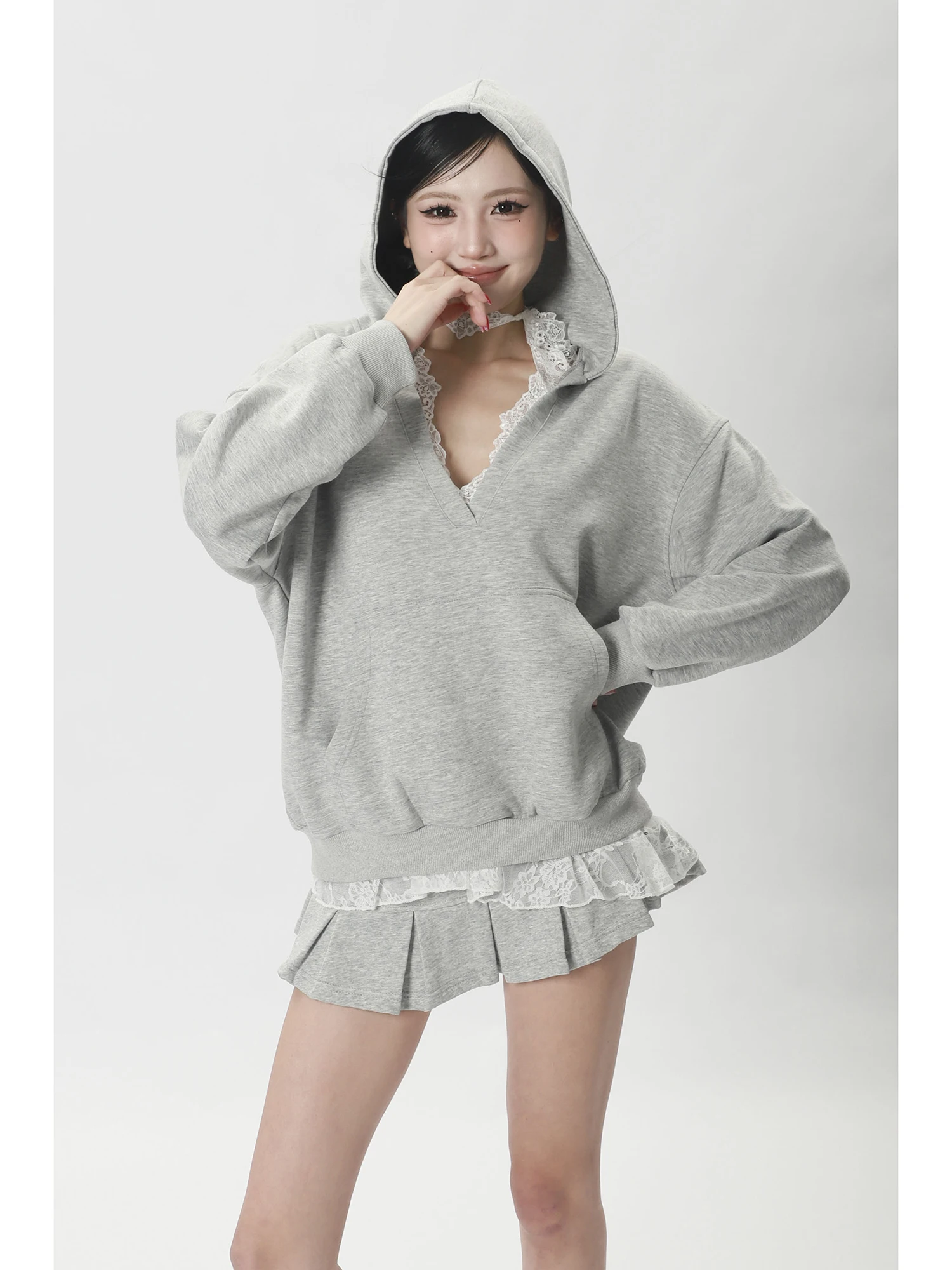 

Свободный оверсайз худи с V-образным вырезом для женщин, пуловер, свитшот, уличный стиль, повседневный, удобный, хлопковый, длинный рукав, топ