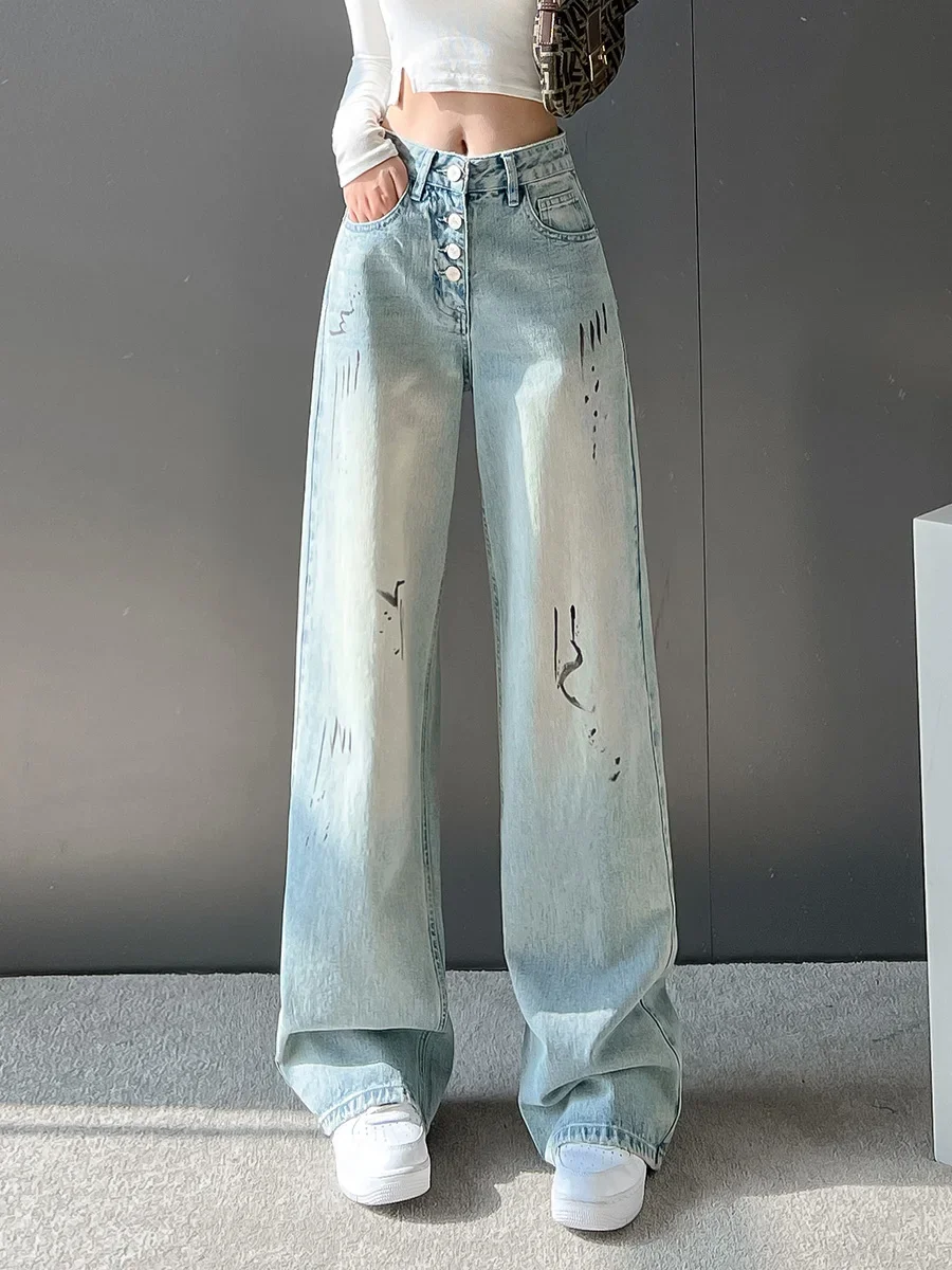 S-5XL Jeans Dames Trendy Vrije tijd Streetwear All-match Dagelijks Studenten Wijde pijpen Broek Lente Hoge taille Populair Ins Gebleekt