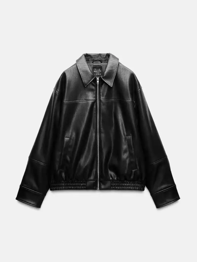 ربيع الخريف المرأة الجديدة فضفاضة الأمريكية Sle فو الجلود الطيار Jaet ملابس خارجية طويلة Sve سستة إغلاق الشارع Sle #1