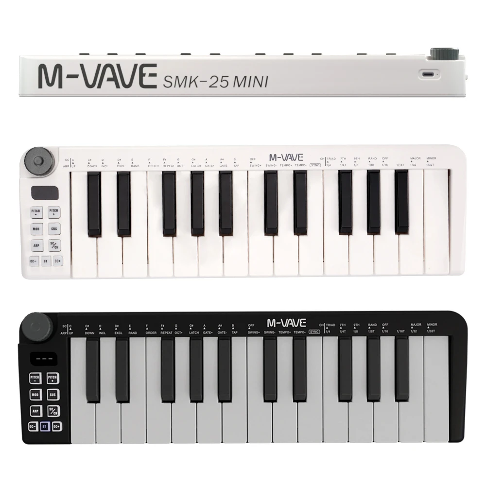 

M-VAVE SMK-25 Мини-MIDI-клавиатура 25-клавишное MIDI-управление с 25-скоростными чувствительными клавишами Перезаряжаемая клавиатура MIDI-контроллер