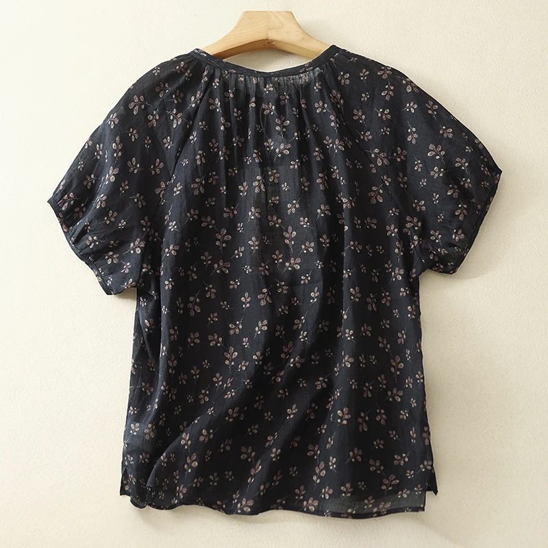 

Retro Floral Print Loose ort Sve T-irt Women's Summer irt Sweet Sle Cotton Blend Comfortable Fit round Ne Top