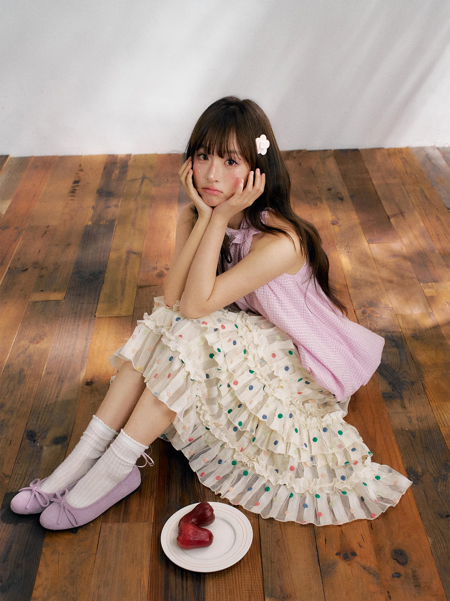 Sweet  Polka Dot Design Mesh Skirt Women's Summer Midi Skirt Wooden  Lace Half-length Cake Style A-line Skirt