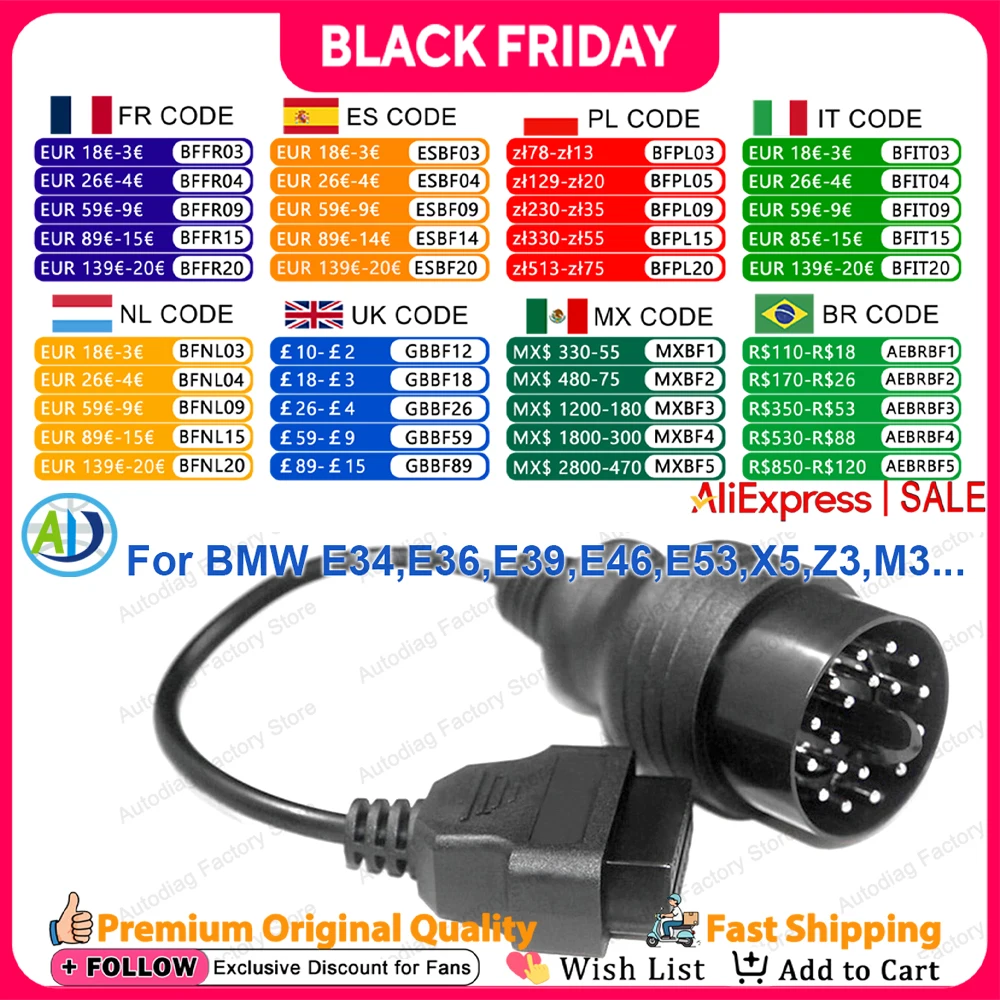 For BMW 20Pin OBD to 16Pin OBD2 Diagnostic Cable For BMW E31/E32/E34/E36/E38/E39/E46/E53/X5 OBDII Diagnostic Interface Connector