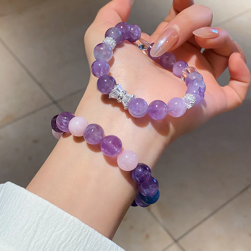 

Minar Handmade 4 Styles Purple Color Natural Stone Crystal Letter Coin Slim Waist Beaded Elastic Strand Bracelets for Women Gift