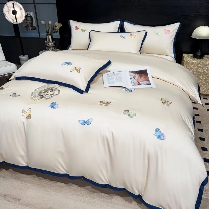 Girls 100%Cotton Duvet Cover Double Queen White Embroidery Butterfly Bedding Set Zipper Comforter Cover Bed Sheet Pillowcases