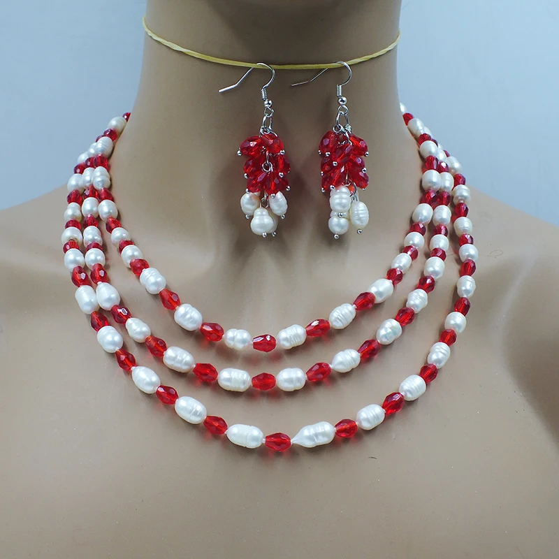 

Women's party jewelry. 7MM natural white beige shaped pearl/crystal necklace/earring set. 18-23"