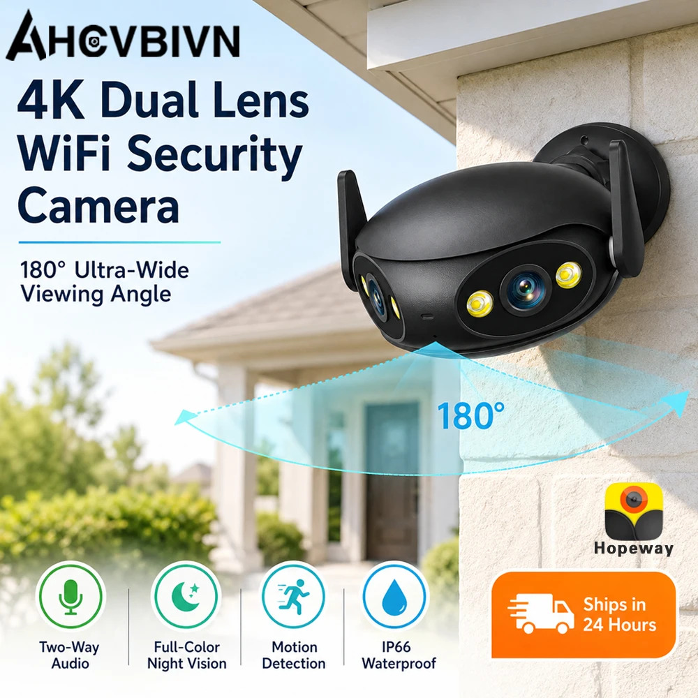 4K Dual Lens WiFi Security Camera 180° Ultra‑Wide Angle IP Camera Motion Detection Waterproof Outdoor Home Surveillance Camera