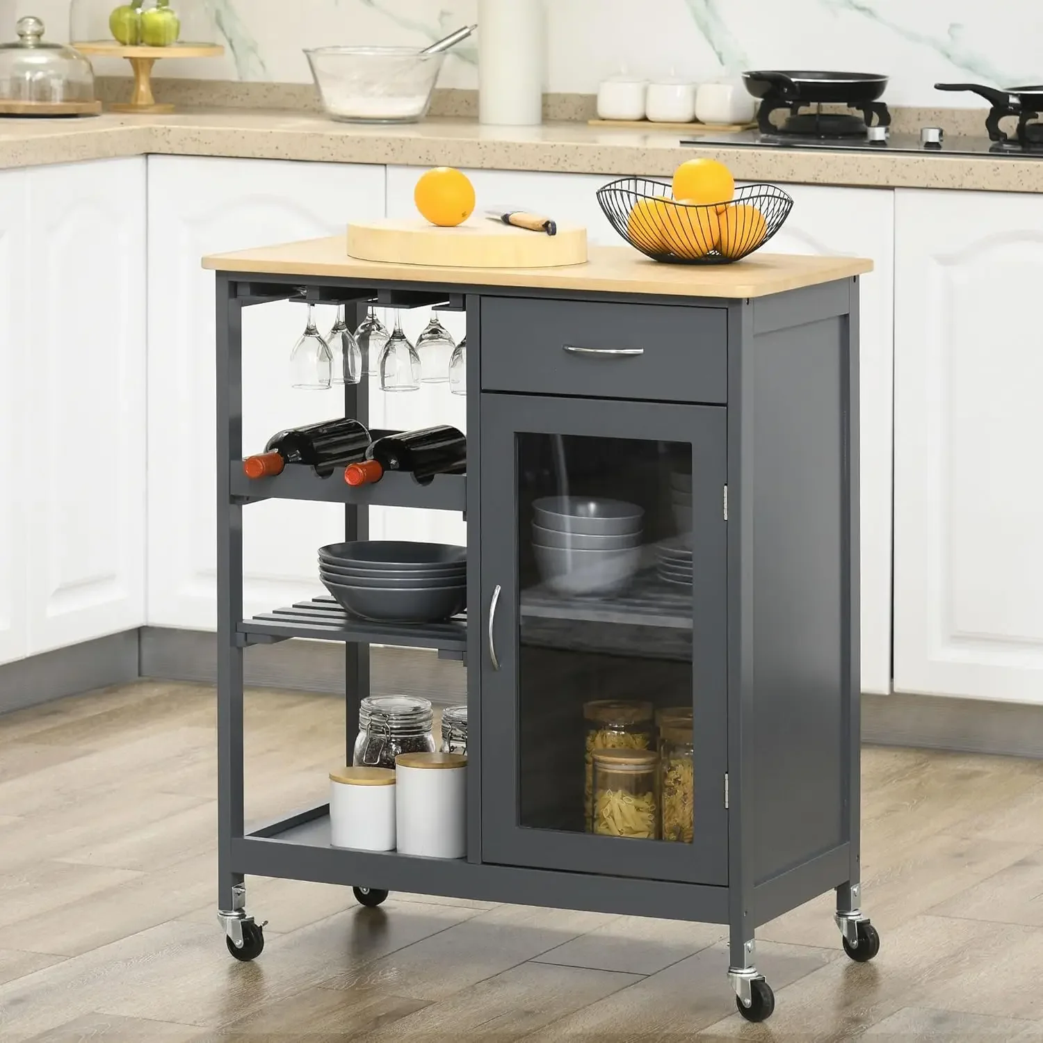 

Rolling Kitchen Island with Storage, Kitchen Cart with 4 Bottle Wine Rack, Bar Cart with Stemware Holder, Shelves