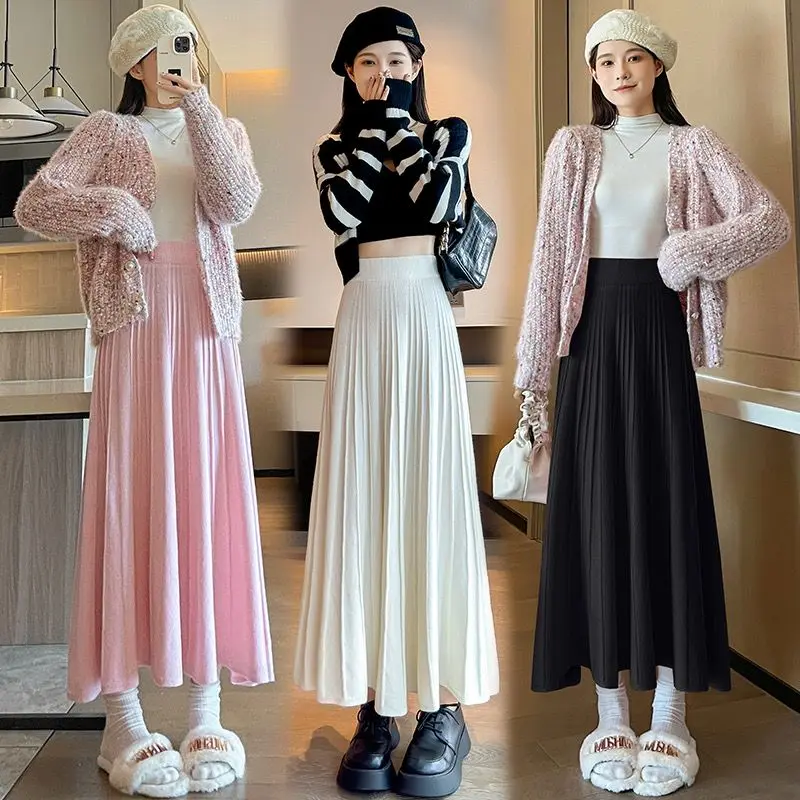 

Half length skirt women looking slim in autumn winter, high waist, pleated , medium length, loose fitting French long skirt