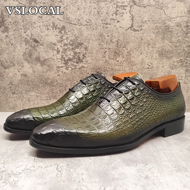 Zapatos Oxford de lujo para hombre, zapatos de vestir informales con estampado de croco verde y negro, zapatos de cuero genuino para oficina y boda con cordones para hombre