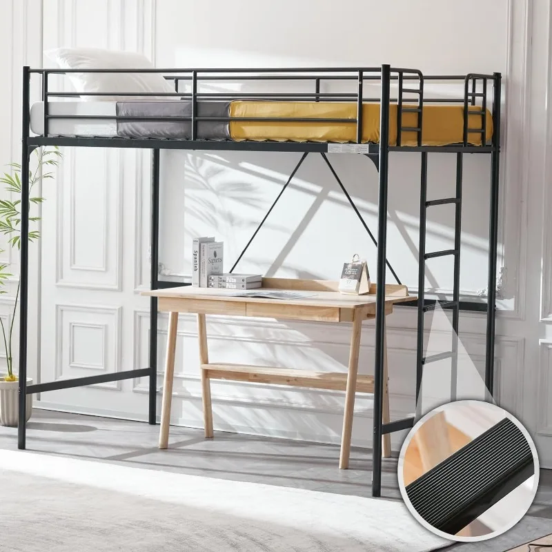 

Twin Loft Bed with Stairs Metal Single Loft Bunk Bed with Safety Guard Rails & Flat Ladder Rung/Rubber Cover