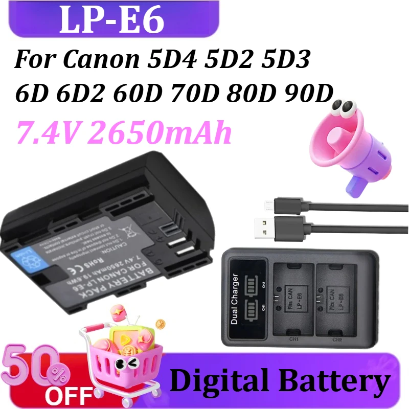 

New LP-E6 LPE6 Replacement Battery and Charger For Canon 5D4 5D2 70D 80D 90D 5D3 6D 6D2 60D Digital Batteries 7.4V 2650mAh