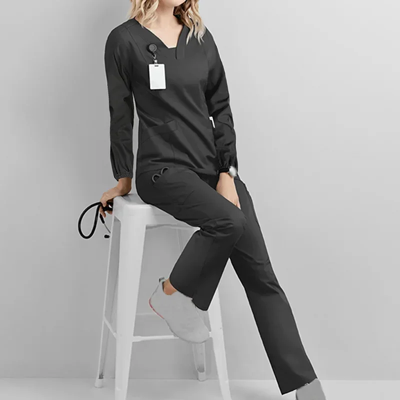 Uniformes médicaux à manches longues pour femmes, col en V, poche, t-shirt pour travailleurs de la santé, automne