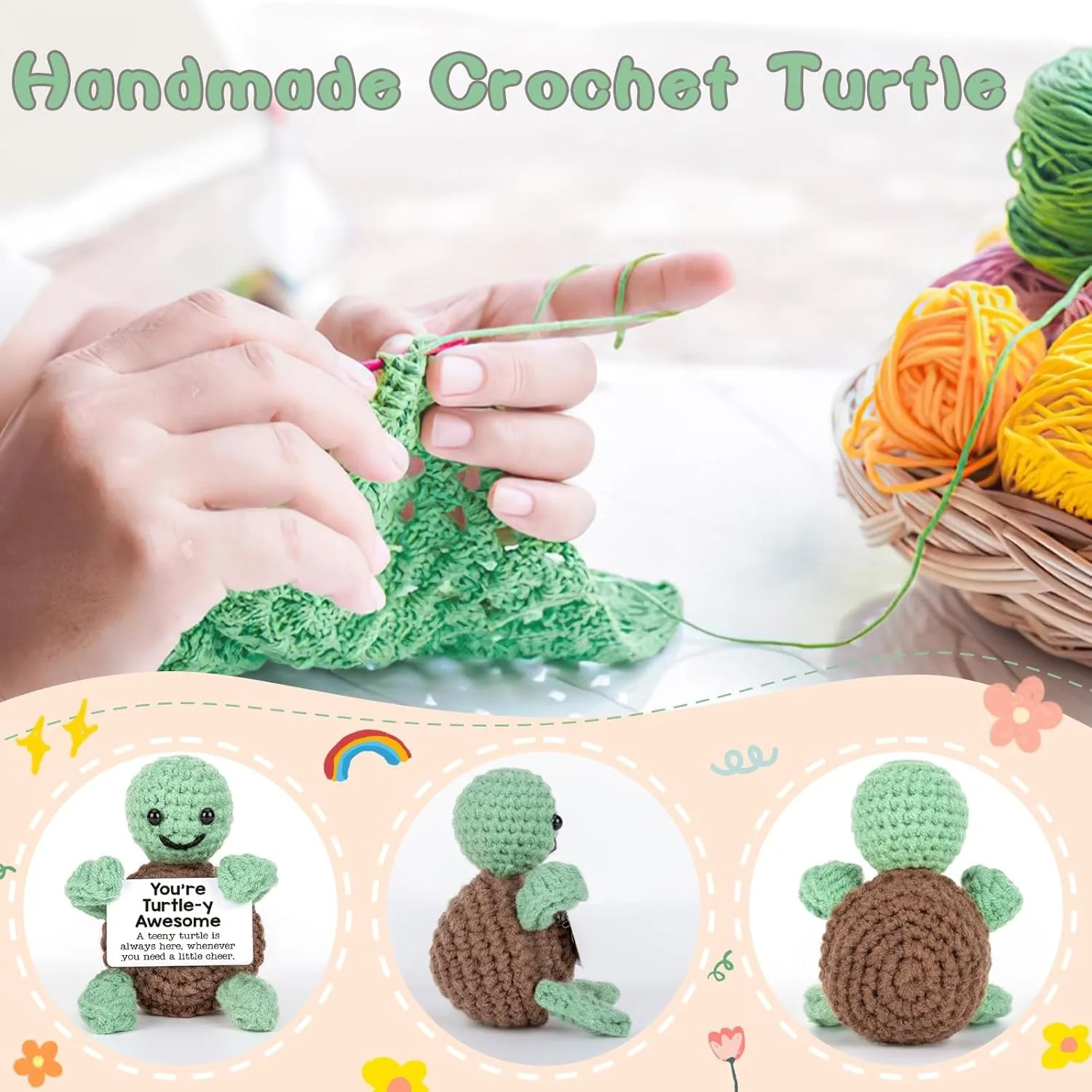 Mini Fun Turtle Birthday Gift, Suitable for Men and Women for Christmas, Inspirational Small Animal Cute Gadgets, Handmade Emotional Positive Crochet Turtle Decoration, Christmas Stocking Filler Gift