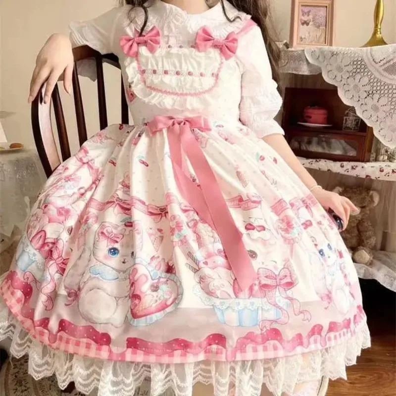 Japanese Sweet Lolita OP Dress Summer Girls Cute Lace Bow Strawberry Bunny Tea Party Dresses Women Harajuku Kawaii Chic Vestidos