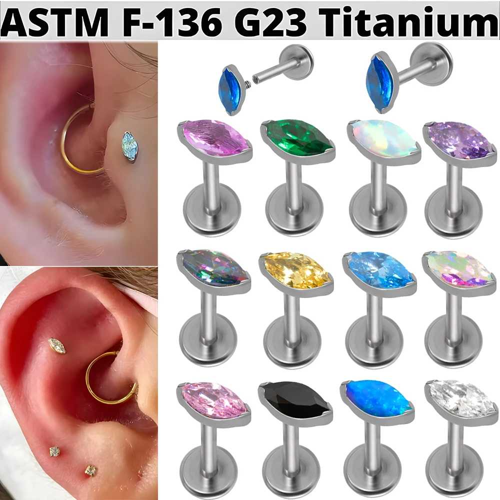 1/2/13PCS Titanium Opal&Zircon Internal Thread Marquise Labret Lip Studs 16G Ear Cartilage Tragus Earring Body Piercing Jewelry
