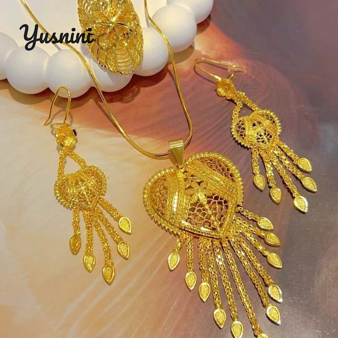 

Fashion Africa Europe Dubai 24K Gold Plated Customized Necklace Earrings Rings Wedding Party Jewelry Set for Lovers DD10877