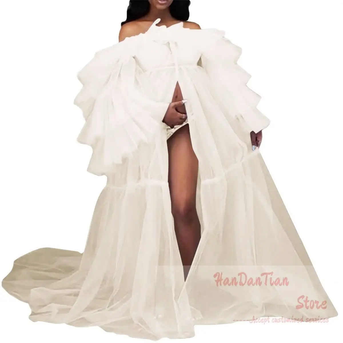 Long Tulle Robe Ruffles Maternity Photoshoot Dressing Off Shoulder Lingerie Baby Shower Pregnancy Gown