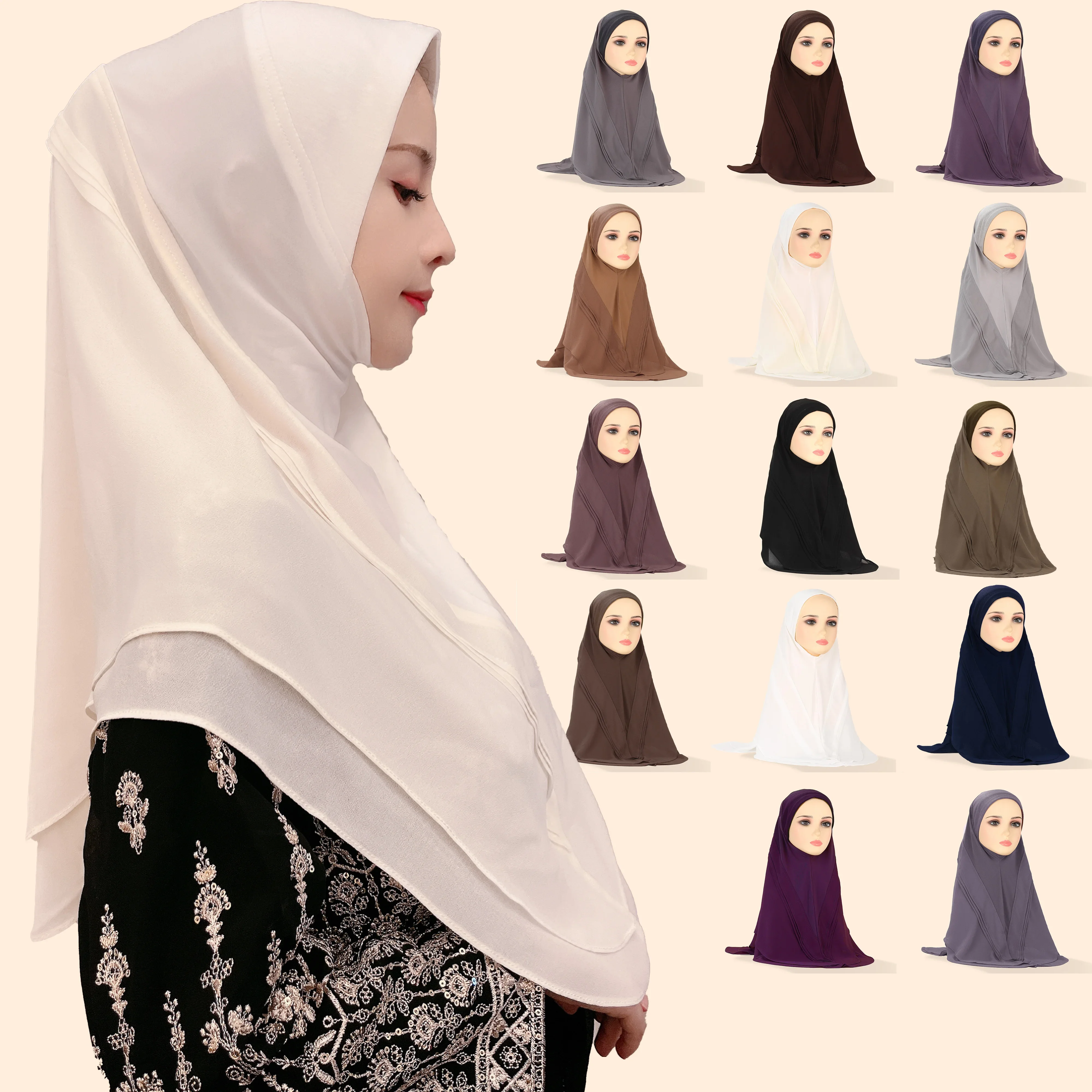 Muslim Double Chiffon Plus Pleated Three Layers Elegant and Beautiful with Unique Designs Pullover Hijab V-neck Crystal Hemp