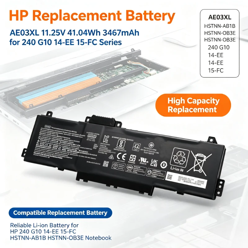 AE03XL 11.25V 41.04Wh 3467mAh Laptop Replacement Battery For HP 240 G10 14-EE 15-FC HSTNN-AB1B HSTNN-OB3E Notebook Battery