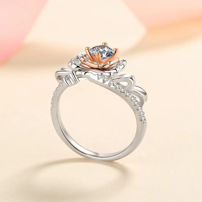 

S925 Sterling Silver Moissanite Jewelry Women's Blooming Rose Plated PT950 White Gold Ring Two-tone Rose Gold Lover's Gift